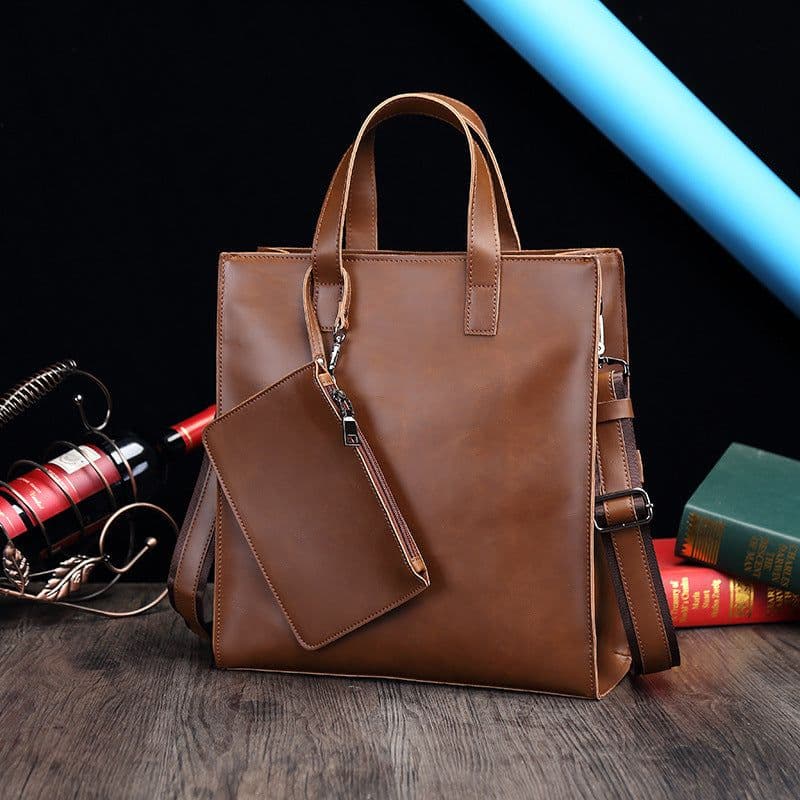 image-Men's Retro Crazy Horse PU Leather Tote Bag
