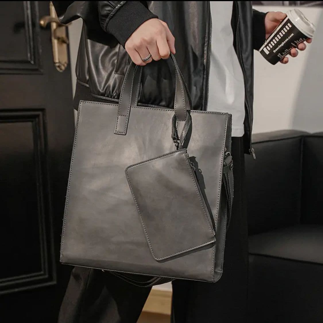 image-Men's Retro Crazy Horse PU Leather Tote Bag