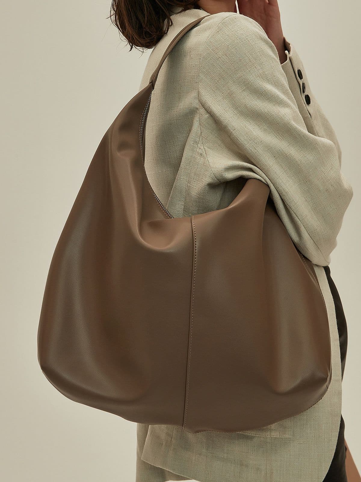 image-Khaki Autumn And Winter Soft Casual Large Capacity Zipper Tote Bag