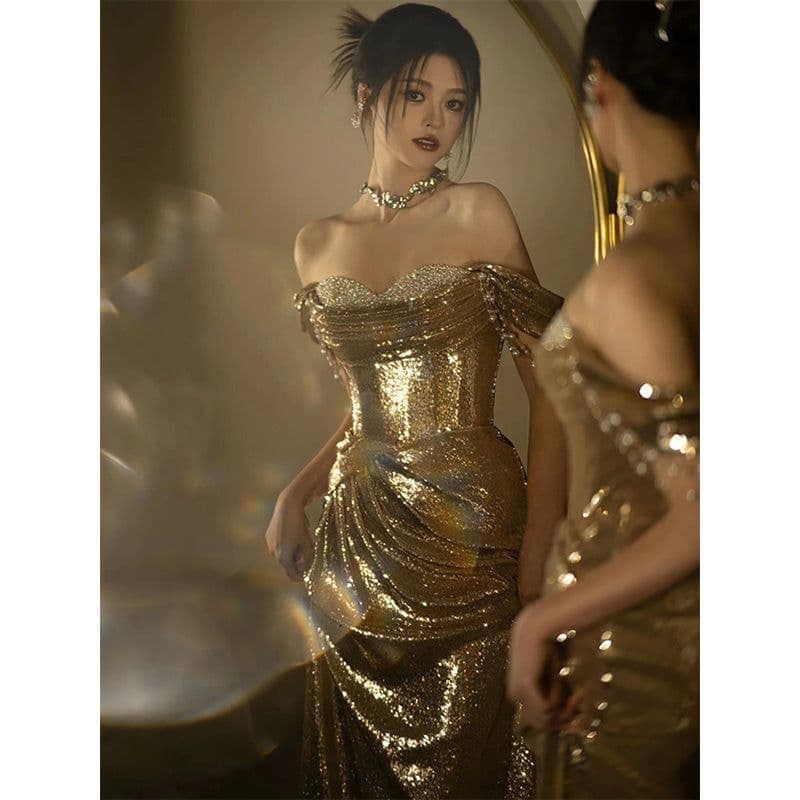 image-Gold Evening Dress Women's High-grade Sequined Off-shoulder Tube Top Toast Dress Bridal Fishtail Dress