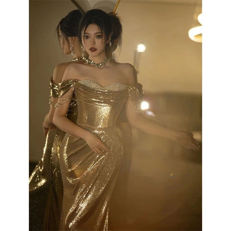 image-Gold Evening Dress Women's High-grade Sequined Off-shoulder Tube Top Toast Dress Bridal Fishtail Dress