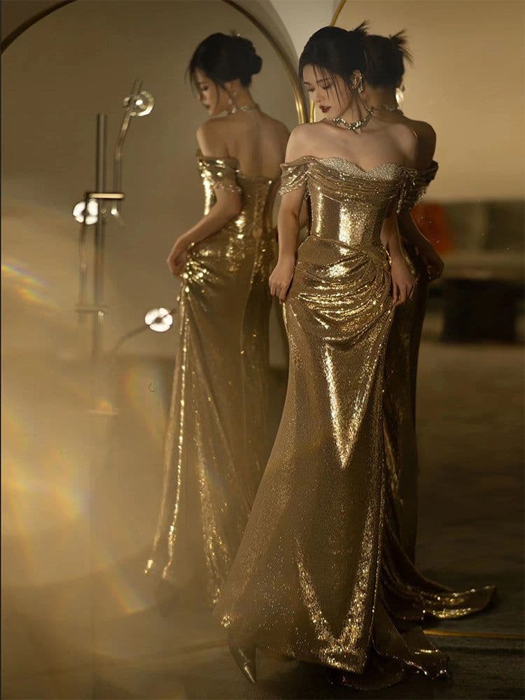 image-Gold Evening Dress Women's High-grade Sequined Off-shoulder Tube Top Toast Dress Bridal Fishtail Dress