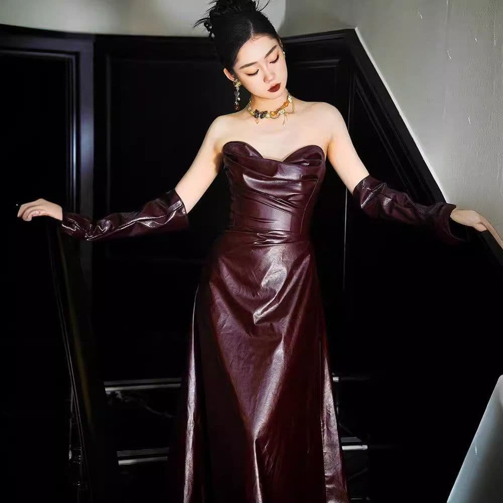 image-Off-the-shoulder Tube Top Leather Skirt Evening Gown