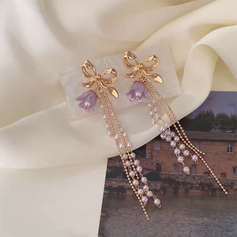 image-Romantic Earrings Lavender Linglan Pearl Tassel Ear Clip