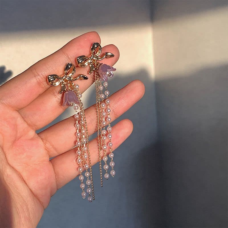 image-Romantic Earrings Lavender Linglan Pearl Tassel Ear Clip