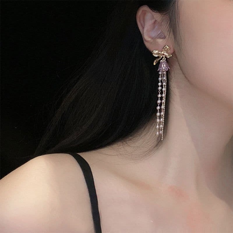 image-Romantic Earrings Lavender Linglan Pearl Tassel Ear Clip