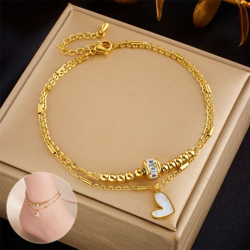 image-Fashion Jewelry Boho Classic Love Heart Ankle Chain Double Layer Chain Bracelet Anklet Charm Tassel Leg Chain On Foot Chain Women Party Jewelry Accessories