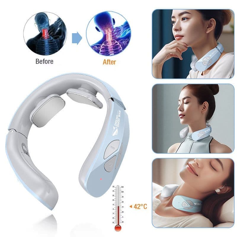 image-Electric Neck Massager EMS Pulse Rechargeable USB Cervical Traction Therapy Massage Stimulator Pain Relief Heating Function