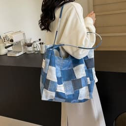 image-Women's Large Capacity Denim Color-contrast Check Idle Style Shoulder Commute Leisure Handbag