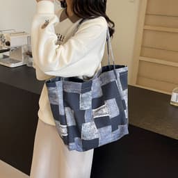 image-Women's Large Capacity Denim Color-contrast Check Idle Style Shoulder Commute Leisure Handbag