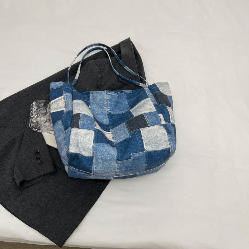 image-Women's Large Capacity Denim Color-contrast Check Idle Style Shoulder Commute Leisure Handbag