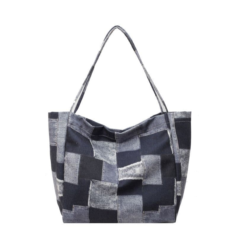 image-Women's Large Capacity Denim Color-contrast Check Idle Style Shoulder Commute Leisure Handbag