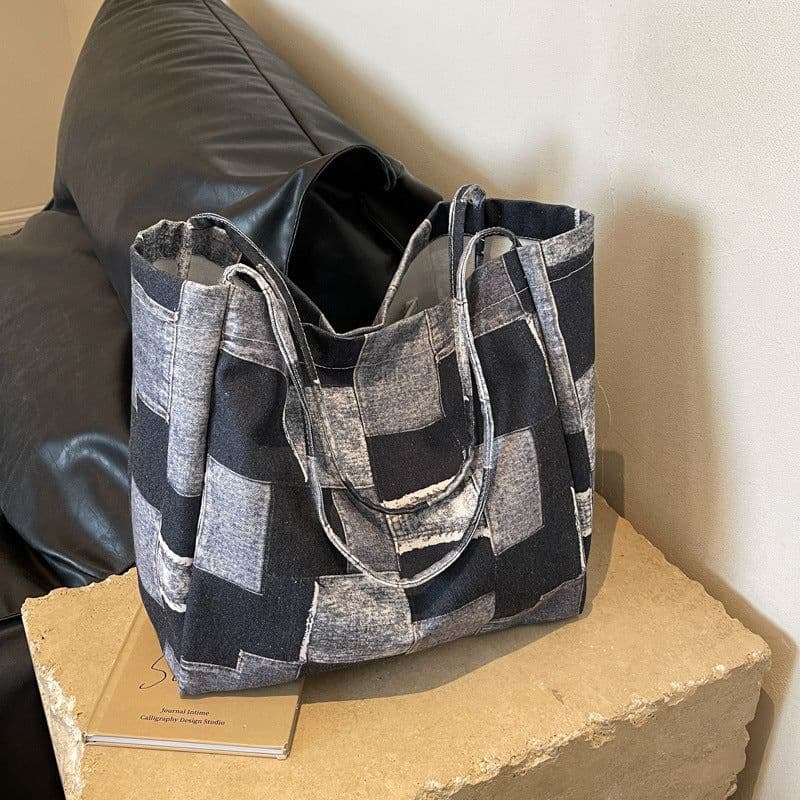 image-Women's Large Capacity Denim Color-contrast Check Idle Style Shoulder Commute Leisure Handbag