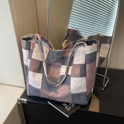 image-Women's Large Capacity Denim Color-contrast Check Idle Style Shoulder Commute Leisure Handbag