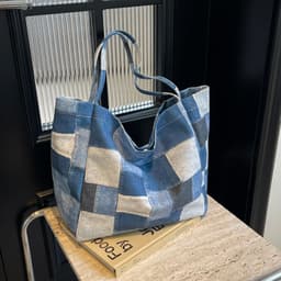 image-Women's Large Capacity Denim Color-contrast Check Idle Style Shoulder Commute Leisure Handbag