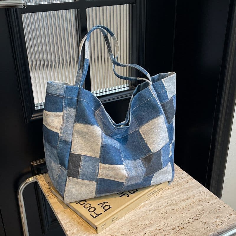 image-Women's Large Capacity Denim Color-contrast Check Idle Style Shoulder Commute Leisure Handbag