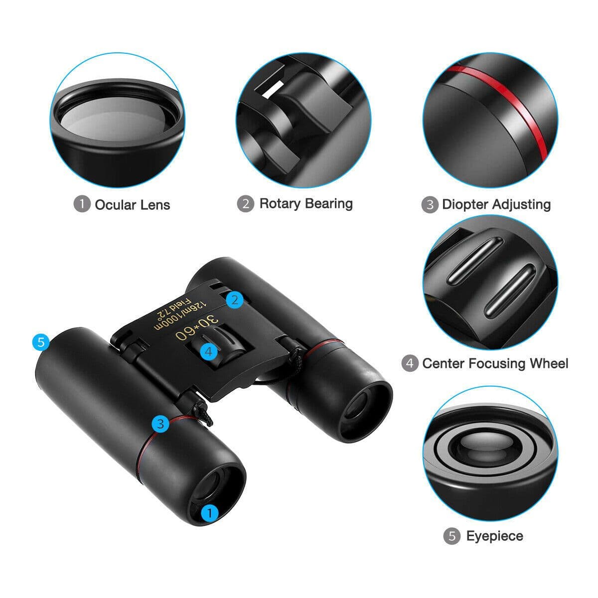 image-Binoculars 30x60 Zoom Travel Compact Folding Telescope Hunting Day Night Outdoor Small Pocket Binoculars Compact Adults, Mini Kids Binoculars Boys For Bird Watching, Concert Theater Opera