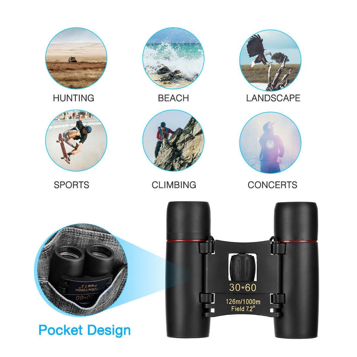 image-Binoculars 30x60 Zoom Travel Compact Folding Telescope Hunting Day Night Outdoor Small Pocket Binoculars Compact Adults, Mini Kids Binoculars Boys For Bird Watching, Concert Theater Opera