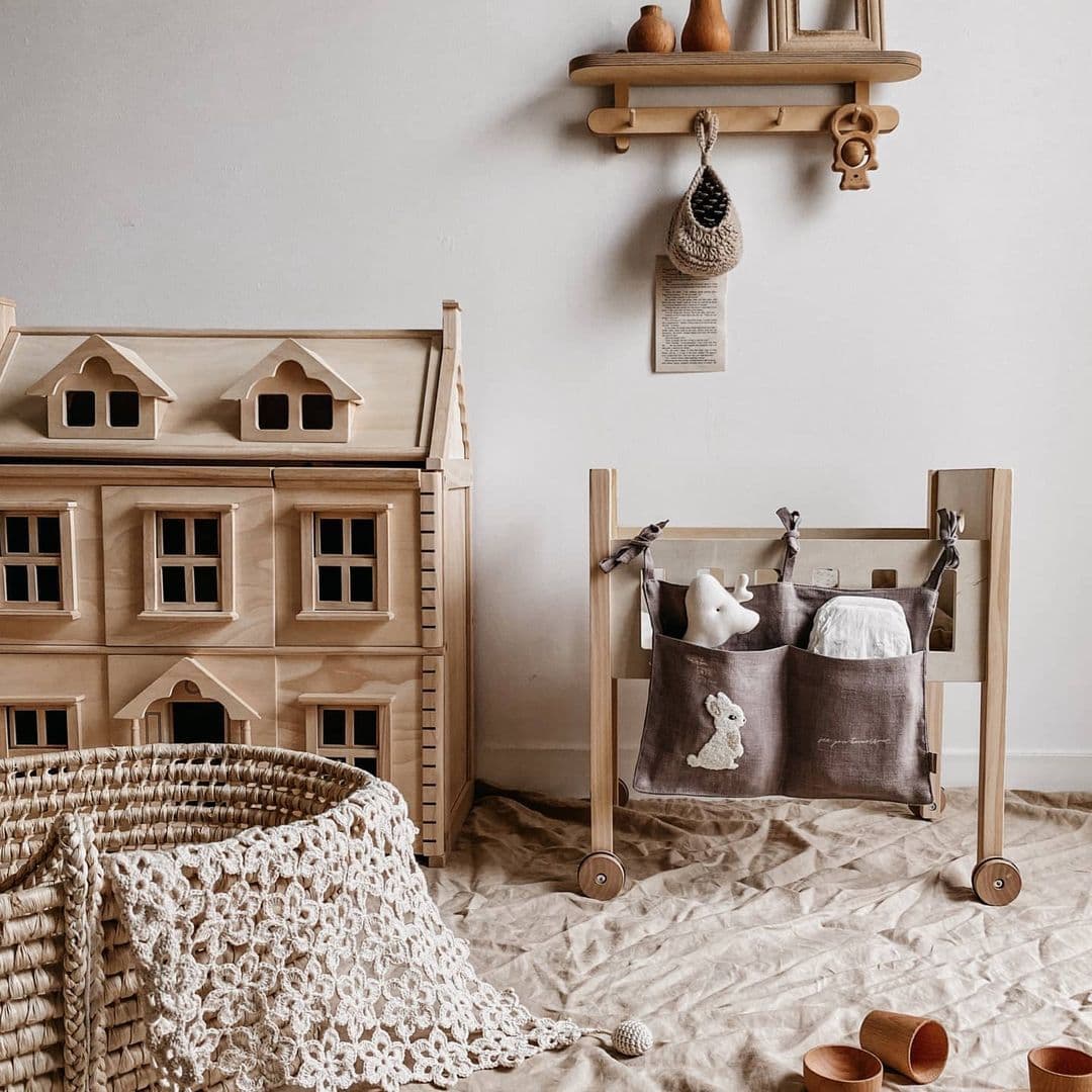 image-Embroidered Cotton And Linen Baby Bed Baby Carriage Seat Back Door Hanging Bag