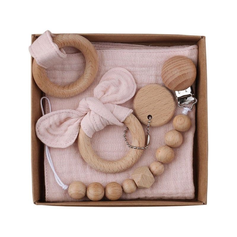 image-Baby Bath Toy Set Wooden Rattle Infant Babyplay Cotton Comfort Towel Baby Teether Wood Ring Baby Shower Gift