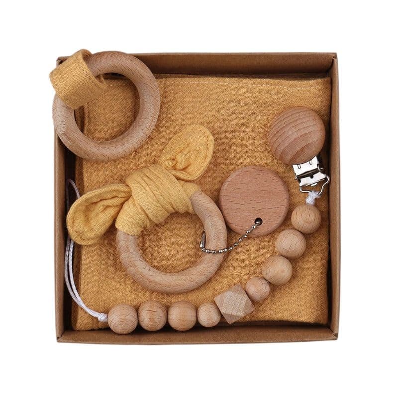 image-Baby Bath Toy Set Wooden Rattle Infant Babyplay Cotton Comfort Towel Baby Teether Wood Ring Baby Shower Gift