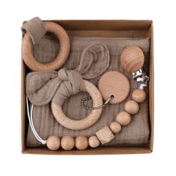 image-Baby Bath Toy Set Wooden Rattle Infant Babyplay Cotton Comfort Towel Baby Teether Wood Ring Baby Shower Gift