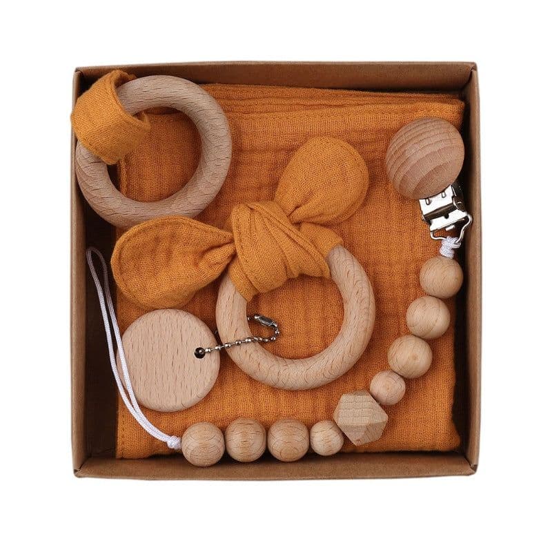 image-Baby Bath Toy Set Wooden Rattle Infant Babyplay Cotton Comfort Towel Baby Teether Wood Ring Baby Shower Gift