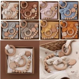 image-Baby Bath Toy Set Wooden Rattle Infant Babyplay Cotton Comfort Towel Baby Teether Wood Ring Baby Shower Gift
