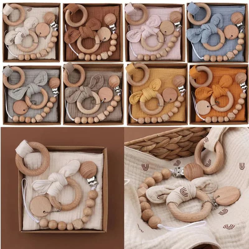 image-Baby Bath Toy Set Wooden Rattle Infant Babyplay Cotton Comfort Towel Baby Teether Wood Ring Baby Shower Gift