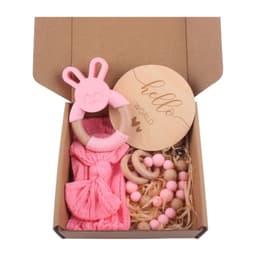 image-Baby Bath Toy Set Wooden Rattle Infant Babyplay Cotton Comfort Towel Baby Teether Wood Ring Baby Shower Gift