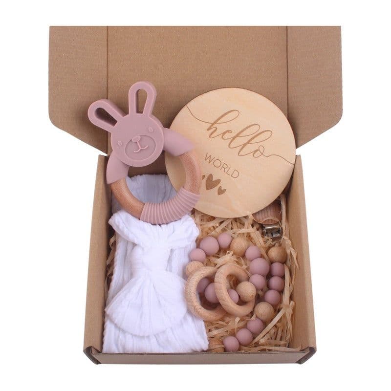 image-Baby Bath Toy Set Wooden Rattle Infant Babyplay Cotton Comfort Towel Baby Teether Wood Ring Baby Shower Gift
