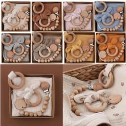image-Baby Bath Toy Set Wooden Rattle Infant Babyplay Cotton Comfort Towel Baby Teether Wood Ring Baby Shower Gift