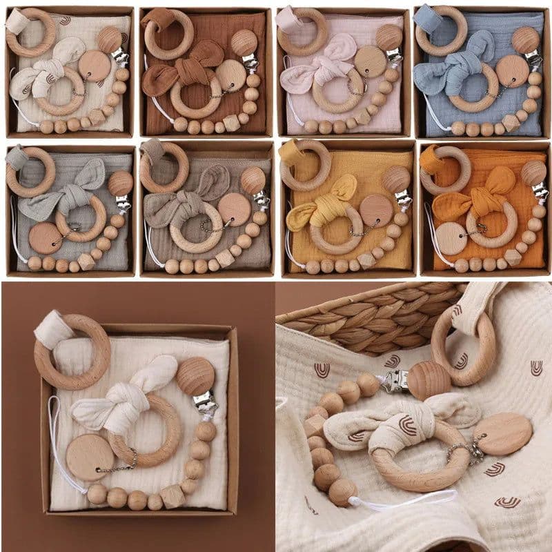 image-Baby Bath Toy Set Wooden Rattle Infant Babyplay Cotton Comfort Towel Baby Teether Wood Ring Baby Shower Gift