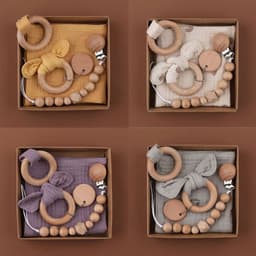 image-Baby Bath Toy Set Wooden Rattle Infant Babyplay Cotton Comfort Towel Baby Teether Wood Ring Baby Shower Gift