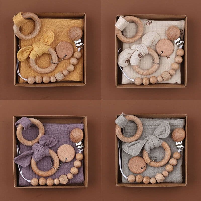 image-Baby Bath Toy Set Wooden Rattle Infant Babyplay Cotton Comfort Towel Baby Teether Wood Ring Baby Shower Gift