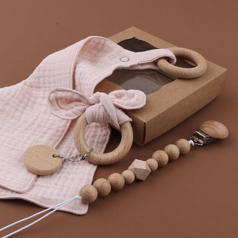image-Baby Bath Toy Set Wooden Rattle Infant Babyplay Cotton Comfort Towel Baby Teether Wood Ring Baby Shower Gift