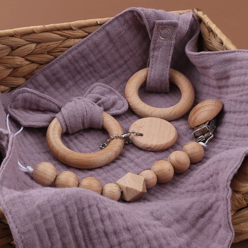 image-Baby Bath Toy Set Wooden Rattle Infant Babyplay Cotton Comfort Towel Baby Teether Wood Ring Baby Shower Gift