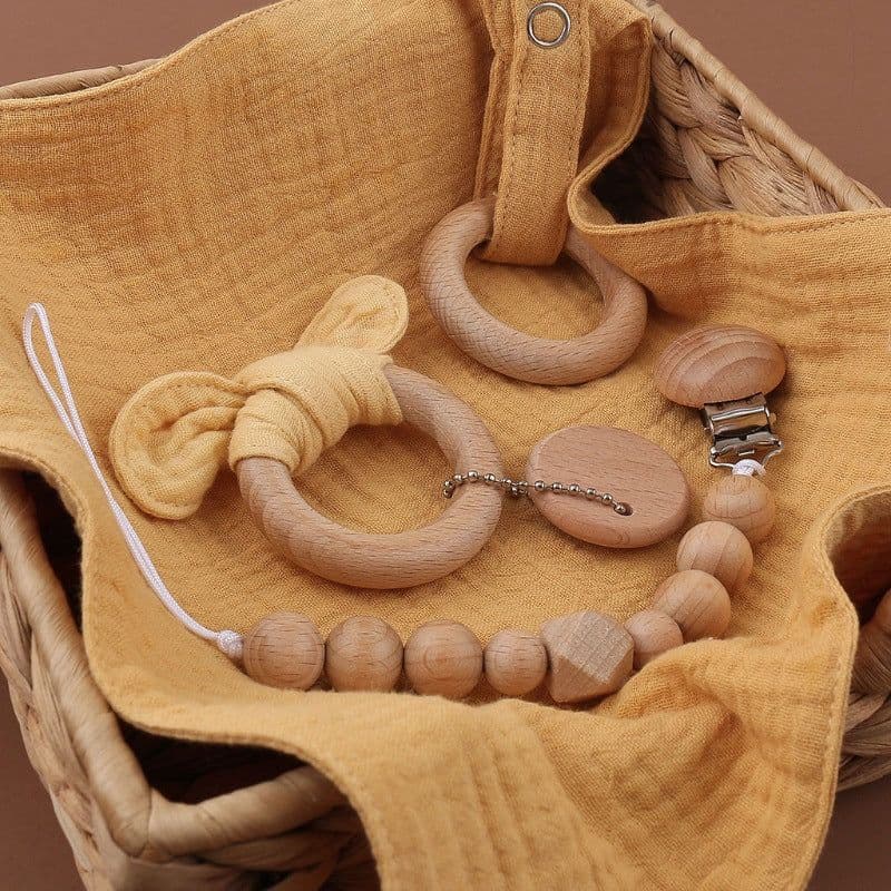 image-Baby Bath Toy Set Wooden Rattle Infant Babyplay Cotton Comfort Towel Baby Teether Wood Ring Baby Shower Gift