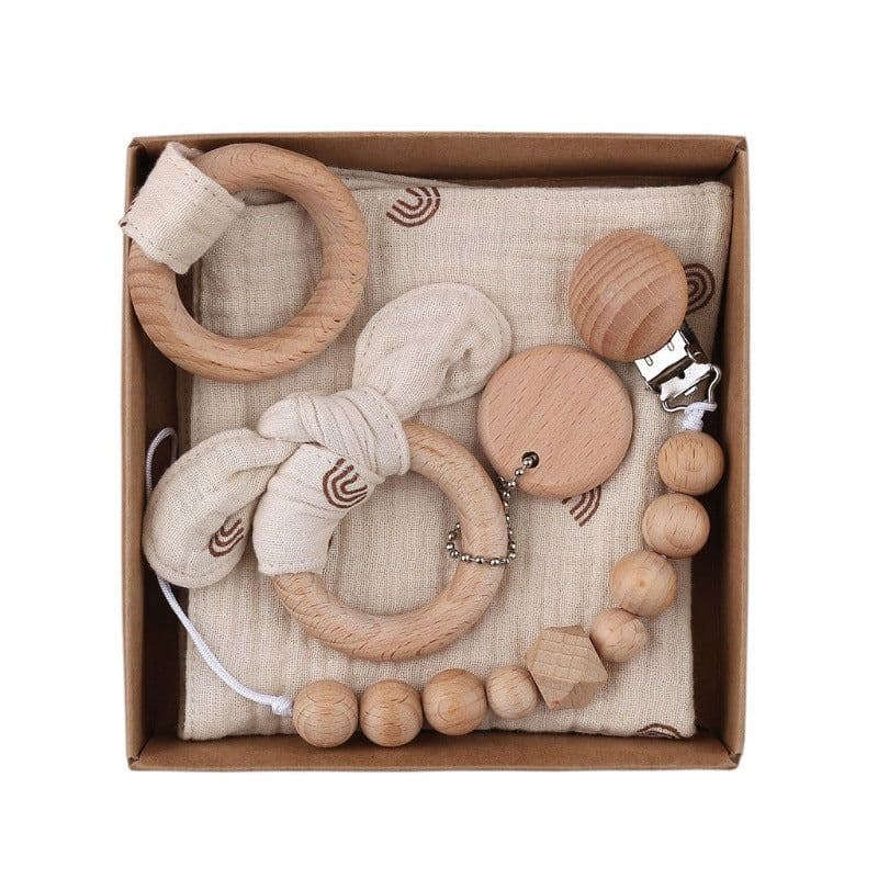 image-Baby Bath Toy Set Wooden Rattle Infant Babyplay Cotton Comfort Towel Baby Teether Wood Ring Baby Shower Gift
