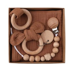 image-Baby Bath Toy Set Wooden Rattle Infant Babyplay Cotton Comfort Towel Baby Teether Wood Ring Baby Shower Gift