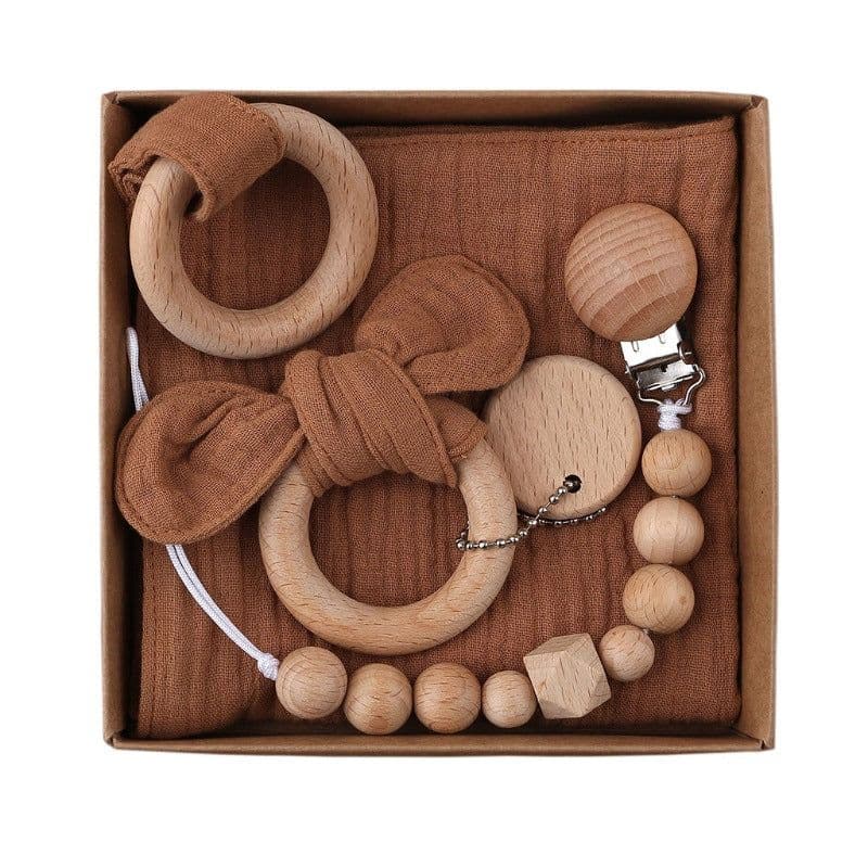 image-Baby Bath Toy Set Wooden Rattle Infant Babyplay Cotton Comfort Towel Baby Teether Wood Ring Baby Shower Gift