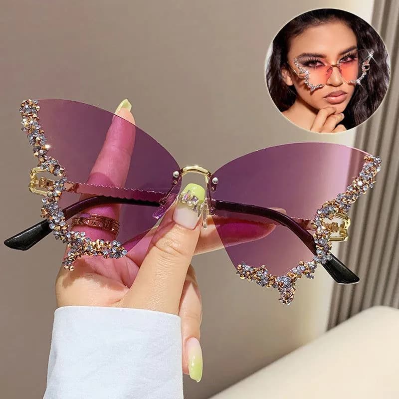 image-Luxury Diamond Butterfly Sunglasses Women Brand Y2K Vintage Rimless Oversized Sun Glasses Ladies Eyewear Shades