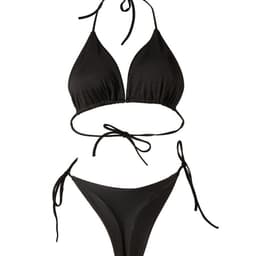 image-Solid Color Lace-up Bikini Three-point T-back Swimsuit Suit With Chest Pad Beach Womens Clothing