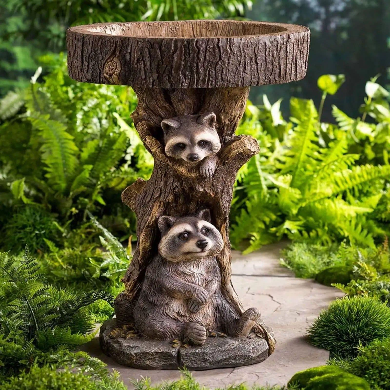 image-Garden Decoration Raccoon Resin Ornaments Handicraft Gardening Bird Drinking Ornaments