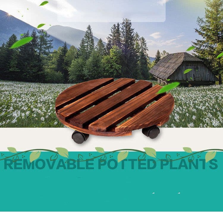 image-Round Carbonized Wood Universal Wheel Flower Pot Base Tray
