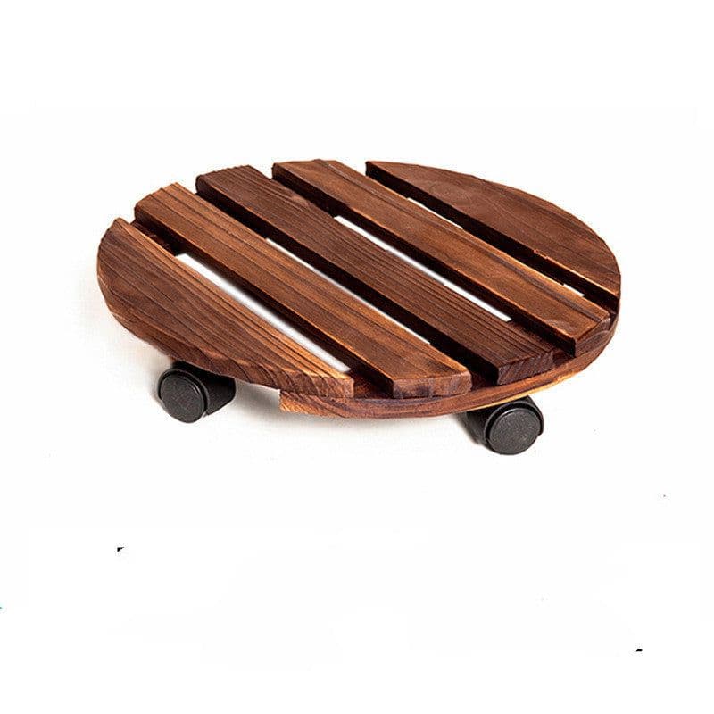 image-Round Carbonized Wood Universal Wheel Flower Pot Base Tray