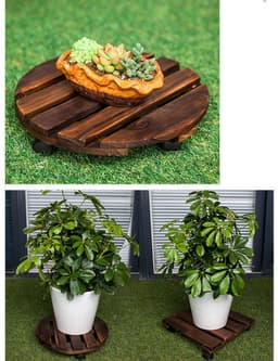 image-Round Carbonized Wood Universal Wheel Flower Pot Base Tray