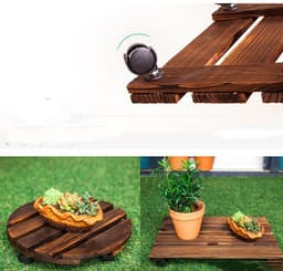 image-Round Carbonized Wood Universal Wheel Flower Pot Base Tray