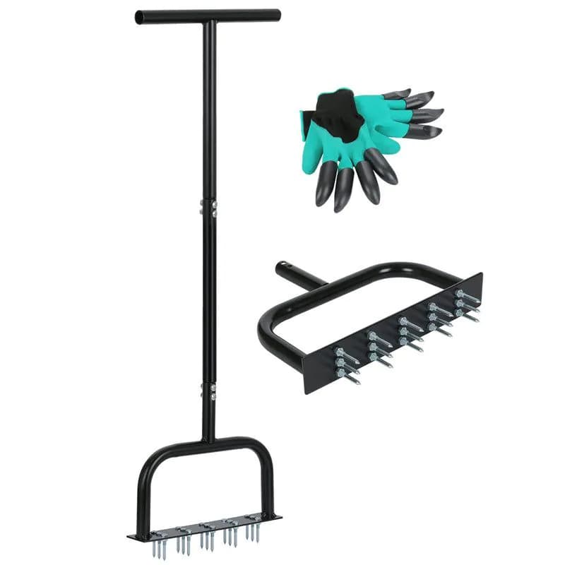 image-Lawn Aerator Tool Manual Metal Spike Grass Aeration With Dethatching Rake 15 Iron Spikes For Yard And Garden Compacted Soil Aerator Tool Black
