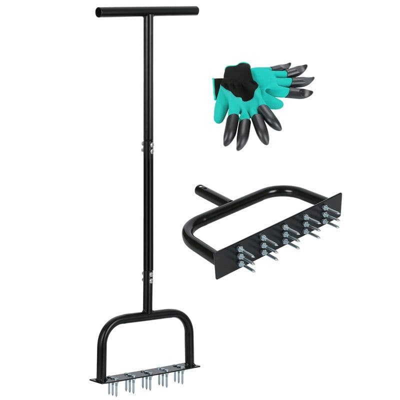 image-Lawn Aerator Tool Manual Metal Spike Grass Aeration With Dethatching Rake 15 Iron Spikes For Yard And Garden Compacted Soil Aerator Tool Black